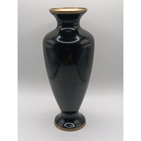 Vtg Asian Japanese Baluster Vase Black Lacquer & Mother of Pearl Floral Inlay 8" - Picture 5 of 10